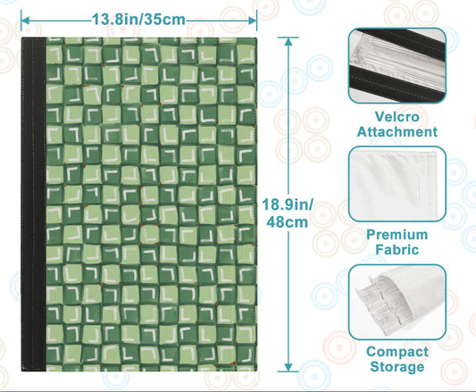 Green patterned storage bag with measurements and features on a blue background