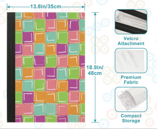 Storage bag with colorful square pattern, dimensions, and features on a blue background