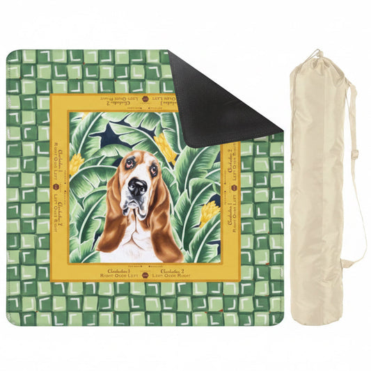 Picnic blanket with a dog illustration and carrying bag on a white background