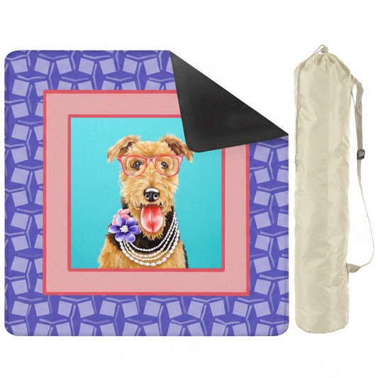 Product with a colorful design of a dog wearing glasses and a flower, next to a black carrying bag on a white background.