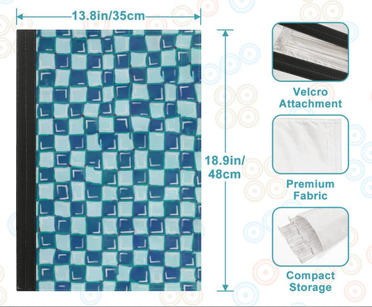 Storage bag with blue and green checkered pattern, dimensions, and features on a white background.