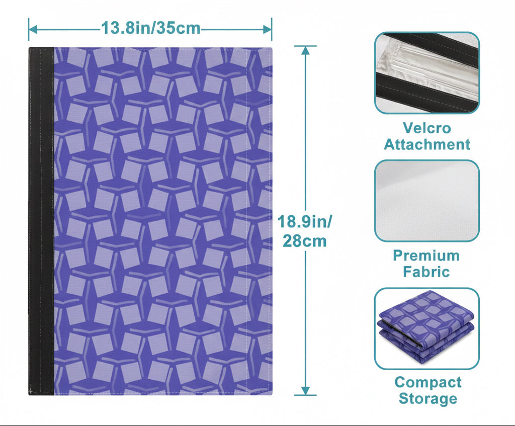 Storage bag with geometric pattern, dimensions, and features on a blue background