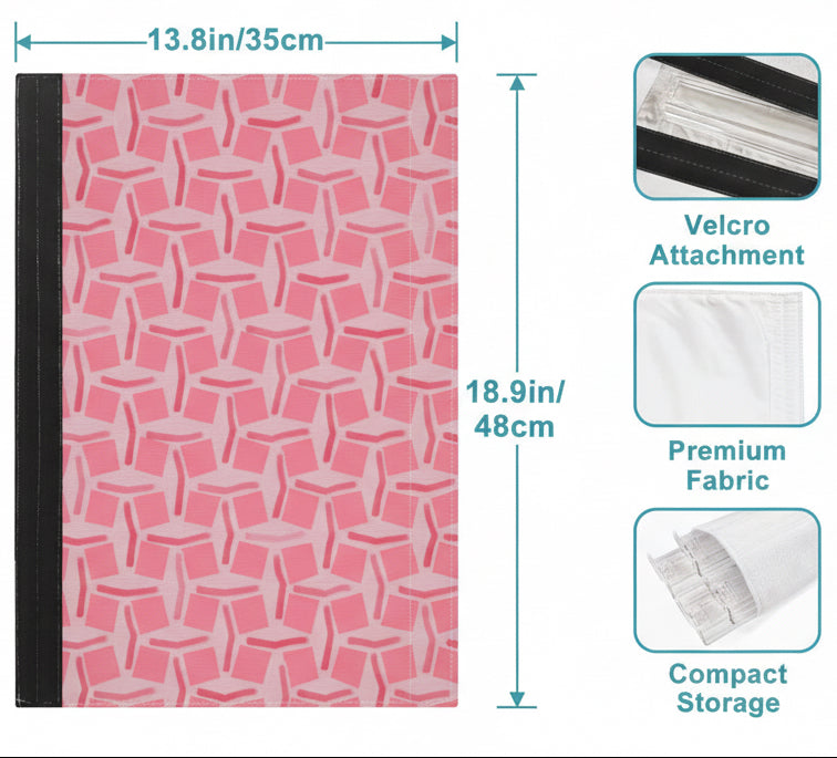Storage bag with pink geometric pattern, measurements, and features on a blue background