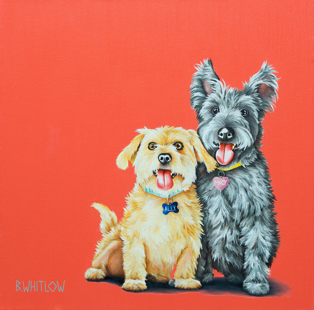Two dogs, one yellow and one gray, sitting side by side on a red background with 'B. Whitlow' signature.