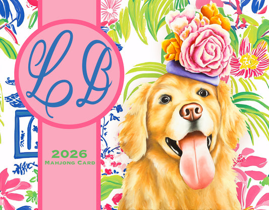 2026 Mahjong Card with a dog wearing a floral hat on a colorful patterned background