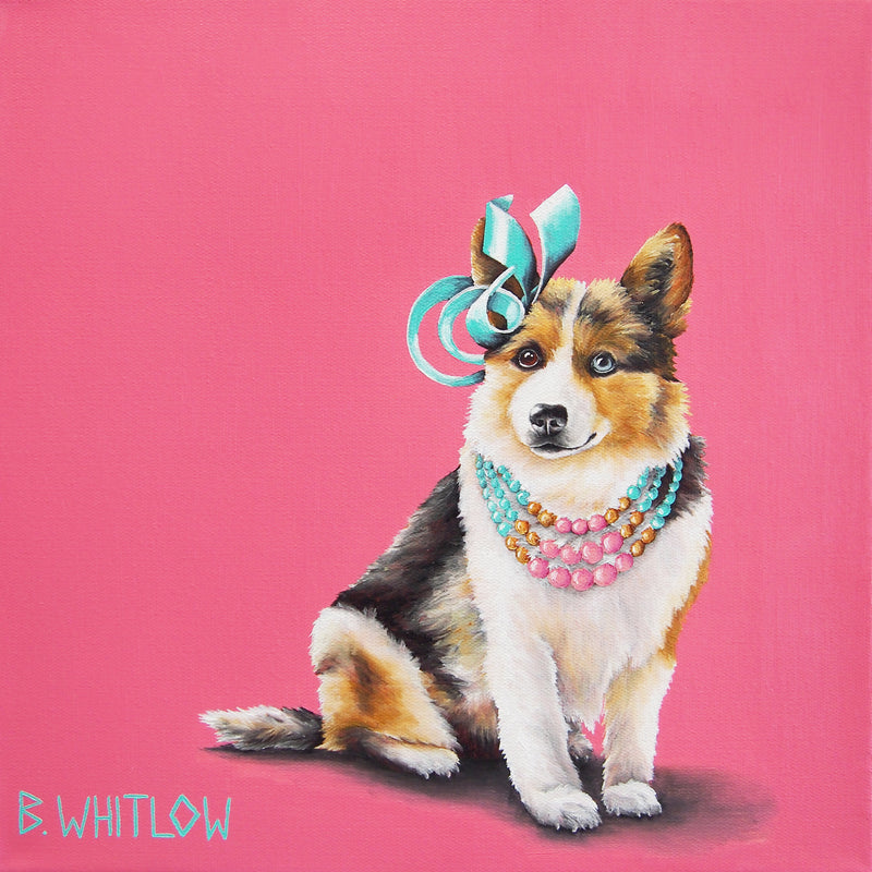 Dog wearing a colorful headpiece and necklaces on a pink background, artistically signed 'B. Whitlow'.