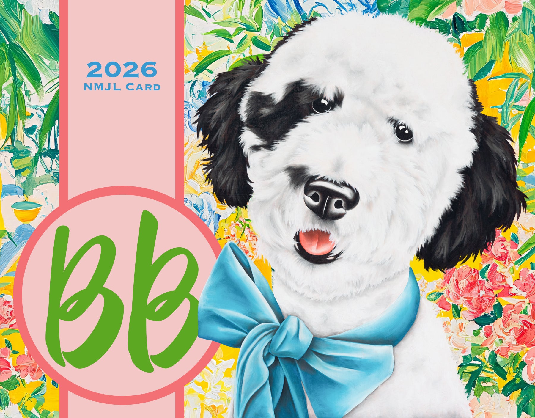 Calendar cover with a dog wearing a blue bow tie on a colorful floral background, featuring the text '2026 NMJL CARD' and initials 'BB'.