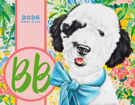 Calendar cover with a dog wearing a blue bow tie on a colorful floral background, featuring the text '2026 NMJL CARD' and initials 'BB'.