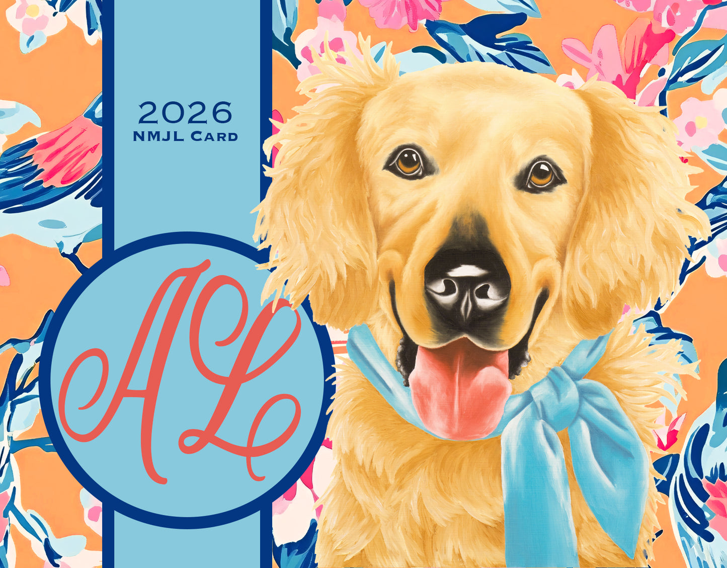 2026 NMJL Card with a golden retriever and floral design