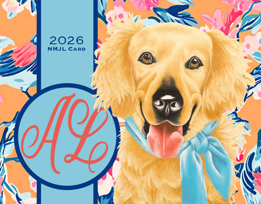 2026 NMJL Card with a golden retriever and floral design