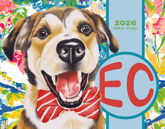 Dog with a bow tie on a colorful background with 'EC' and '2026' text