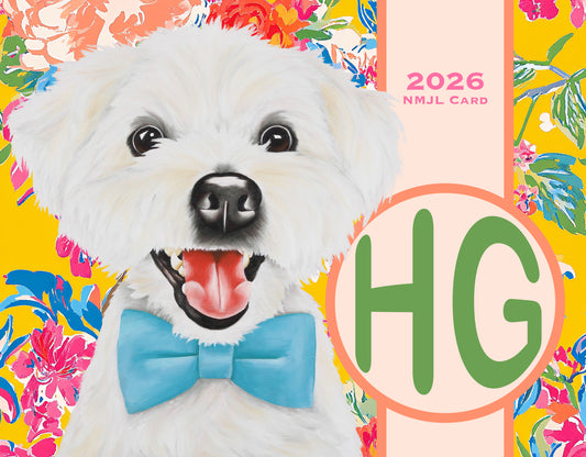 Calendar with a white dog wearing a blue bow tie on a colorful floral background, featuring initials 'HG'.