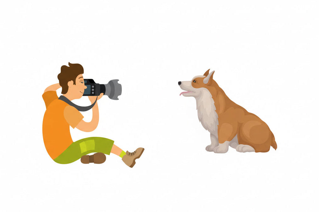 Illustration of a person taking a photo of a dog with a camera.
