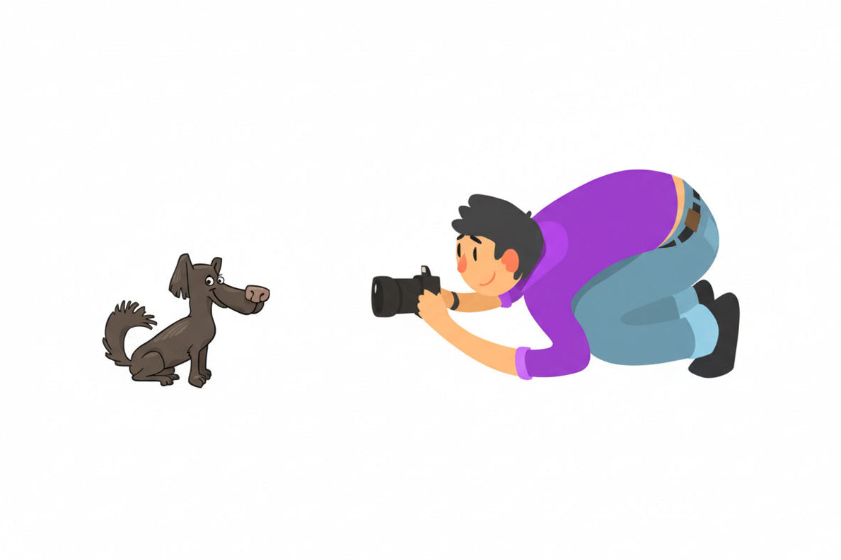 Cartoon character taking a photo of a dog with a camera.