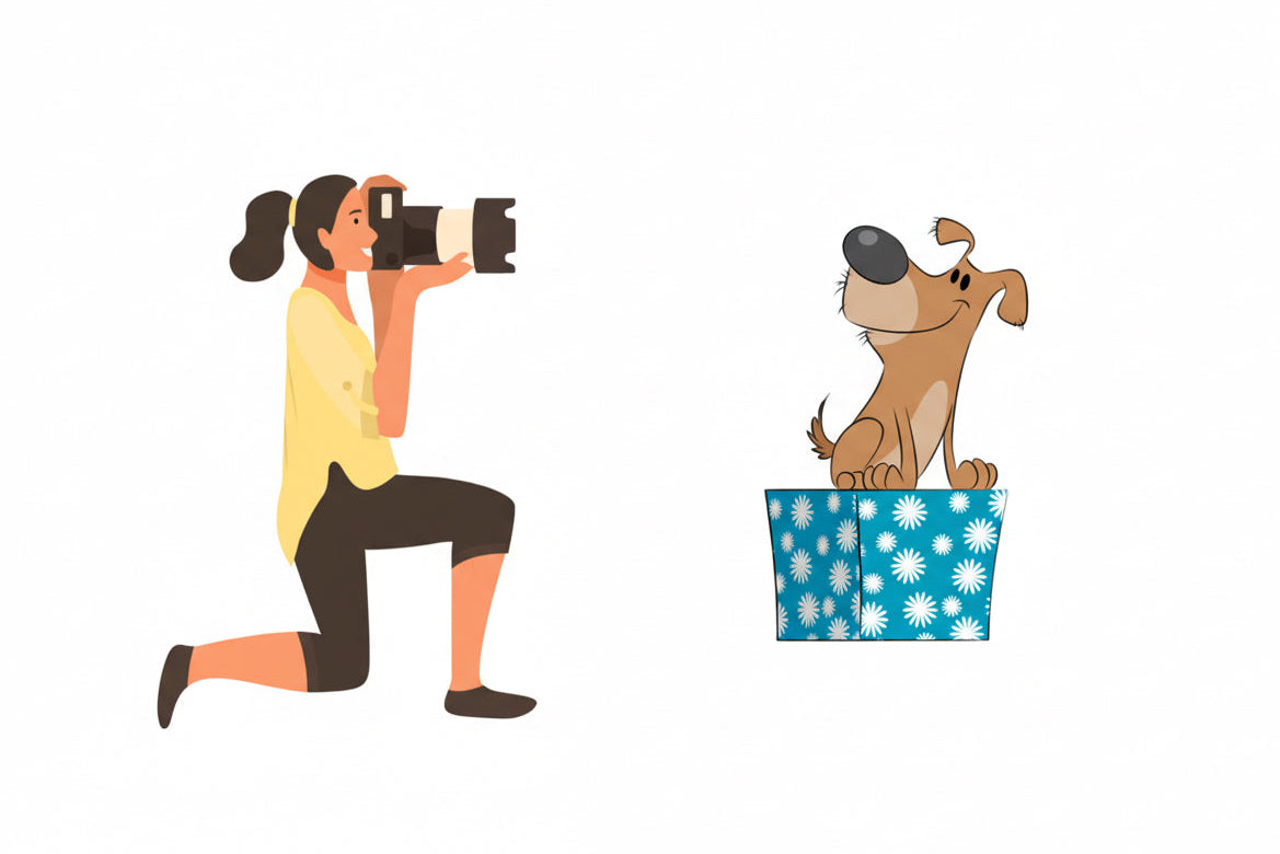 Illustration of a person taking a photo of a dog peeking out from a box with a camera.