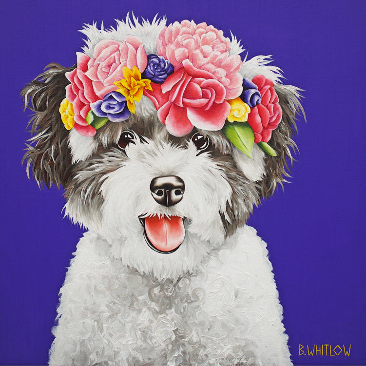 Dog with a colorful flower crown on a purple background