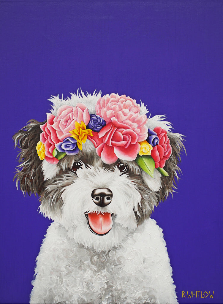 Dog with a colorful flower crown on a purple background