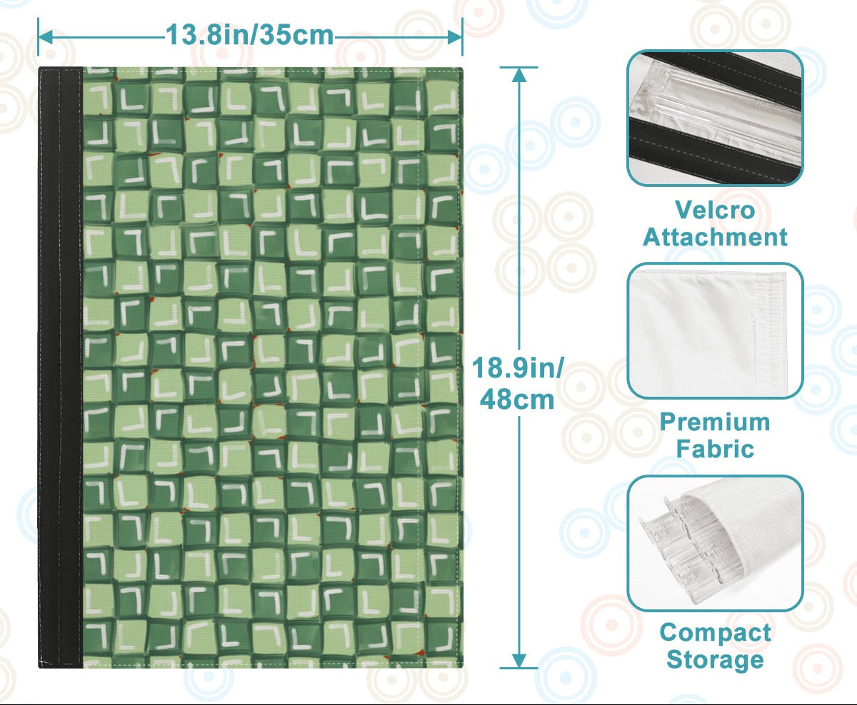 Green patterned storage bag with measurements and features on a blue background