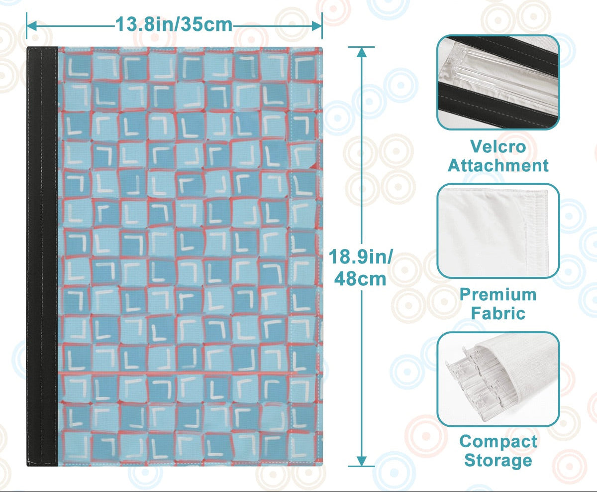 Storage bag with blue geometric pattern and measurements on a teal background