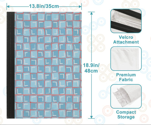 Storage bag with blue geometric pattern and measurements on a teal background