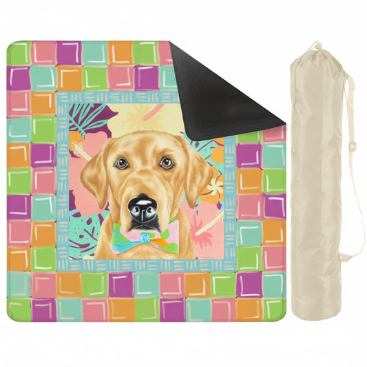 Colorful picnic blanket with a dog illustration and carrying bag on a white background