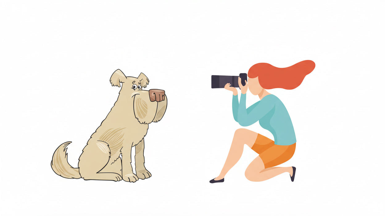 Illustration of a person taking a photo of a dog with a smartphone.