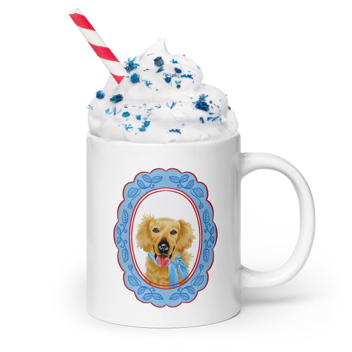 Mug with a dog illustration and whipped cream on a white background