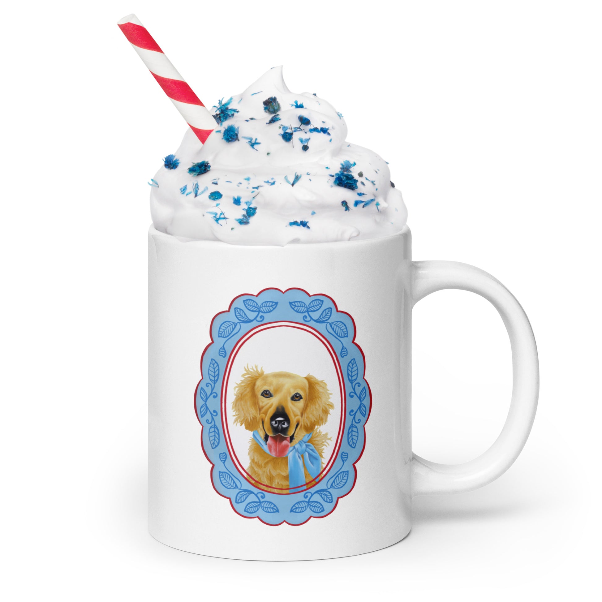 Mug with a dog illustration and whipped cream on a white background